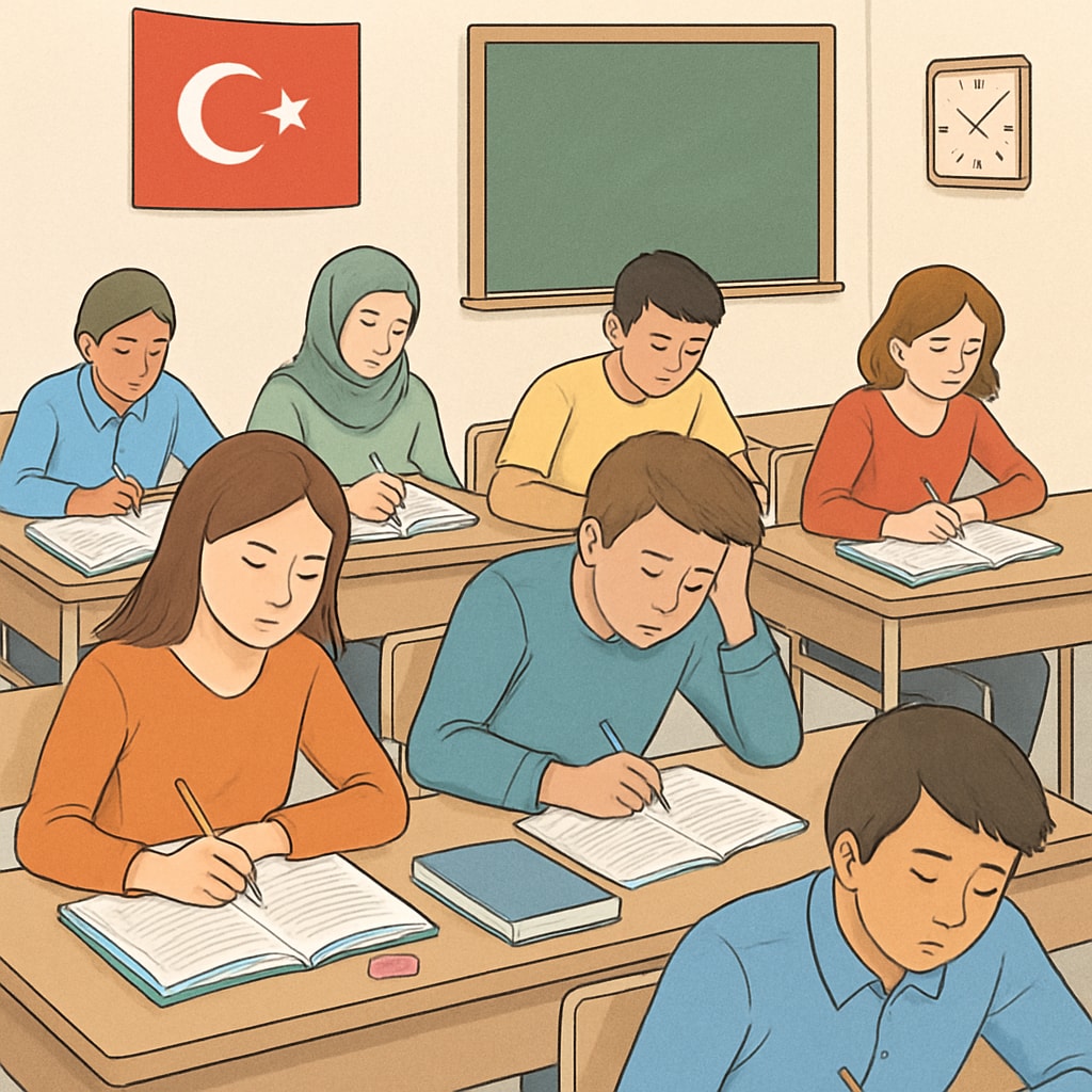 A classroom in Turkey where students are intensely focused on their exam preparation. The image captures students sitting at desks with textbooks and exam sheets. Students in Turkey focused on exam preparation in a classroom setting.