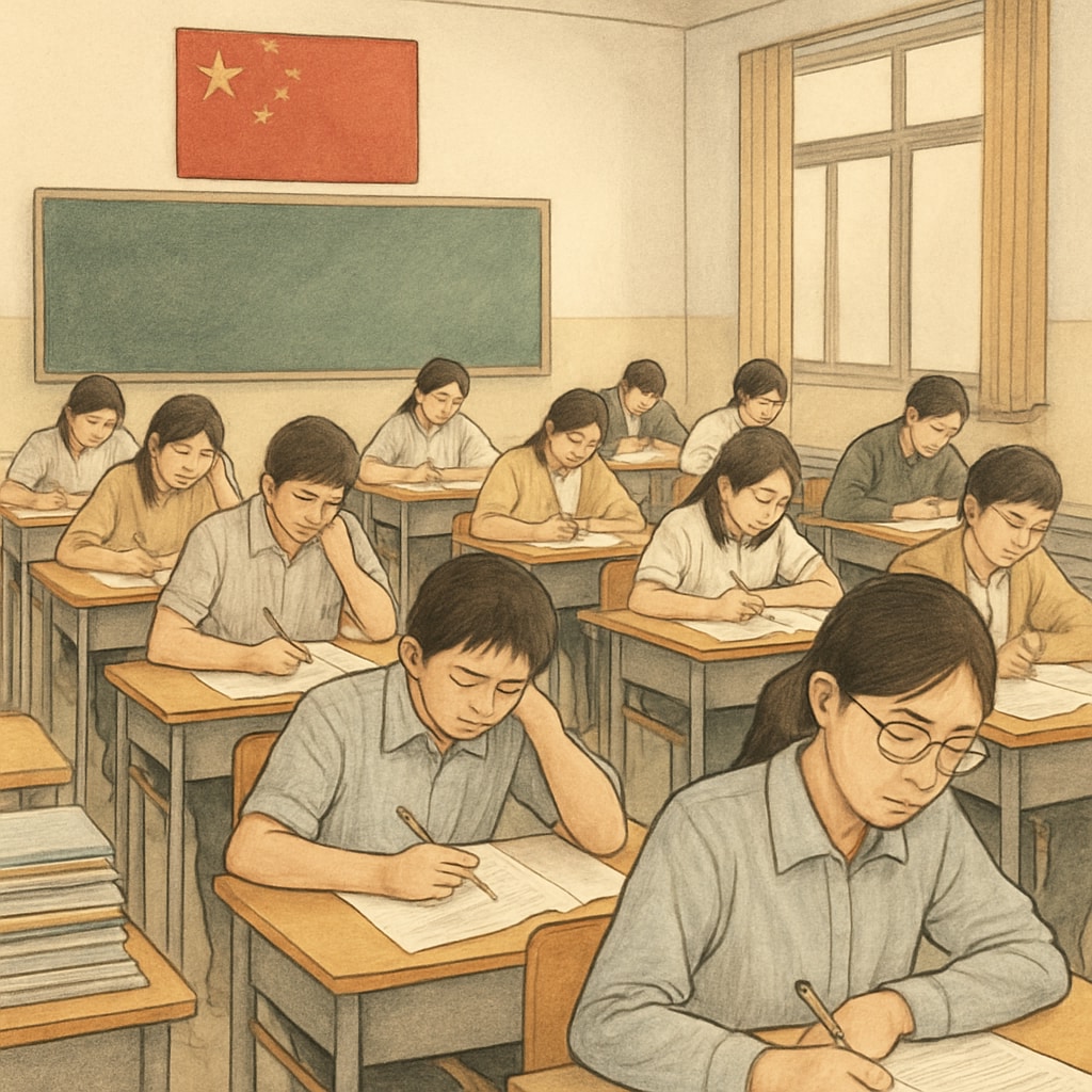A classroom of students in China preparing for a major standardized test, showcasing rows of students focused on their individual desks. Students in a Chinese classroom preparing for a standardized test, highlighting the testing focus in the education system.