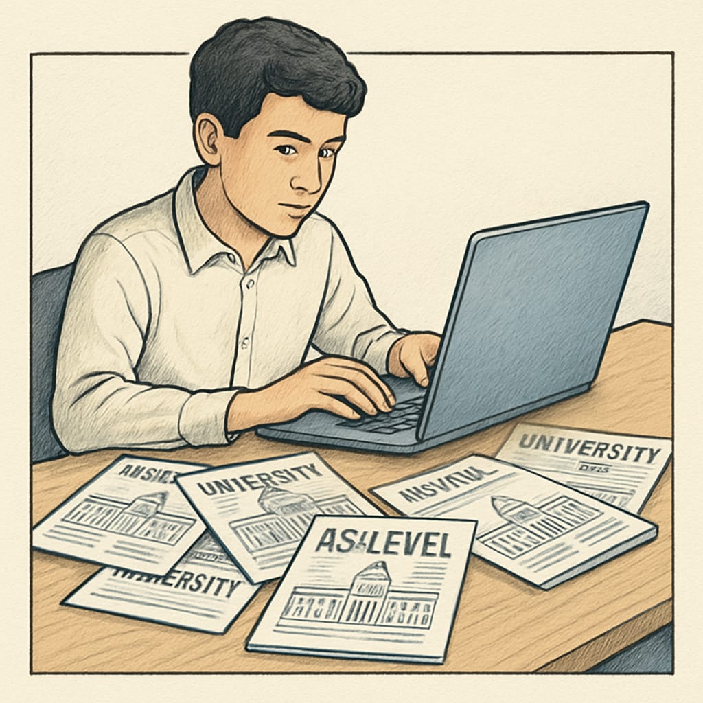 A student exploring a laptop with university brochures, symbolizing research and planning for AS-level admissions. Student researching universities that accept AS-level results on a laptop.