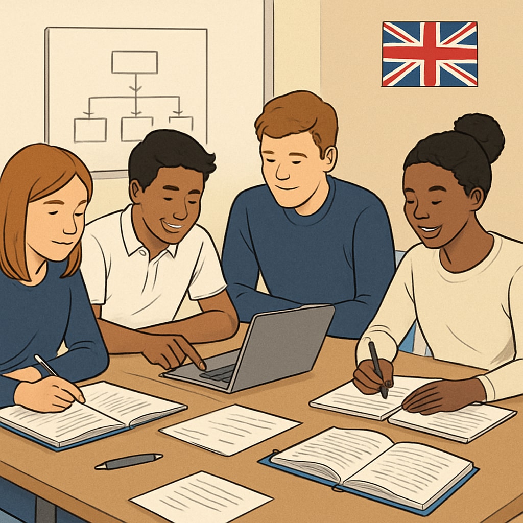 A group of UK students engaged in a collaborative project, showcasing the emphasis on interactive learning within the A Level system. UK students working together on a project for their A Level coursework.