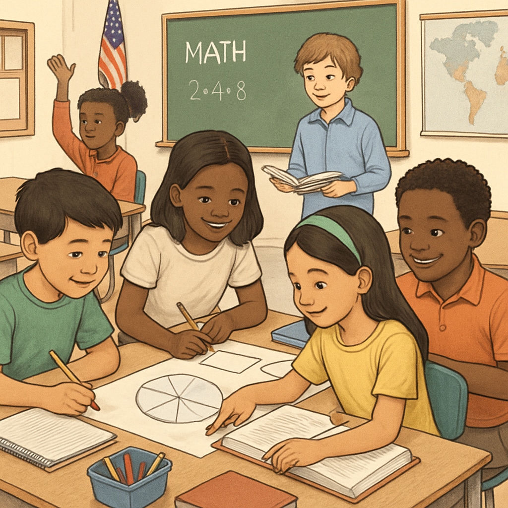 A U.S. public school classroom with diverse students engaged in a collaborative activity, illustrating equitable resource use. A collaborative classroom environment in the U.S., emphasizing resource equity in education.