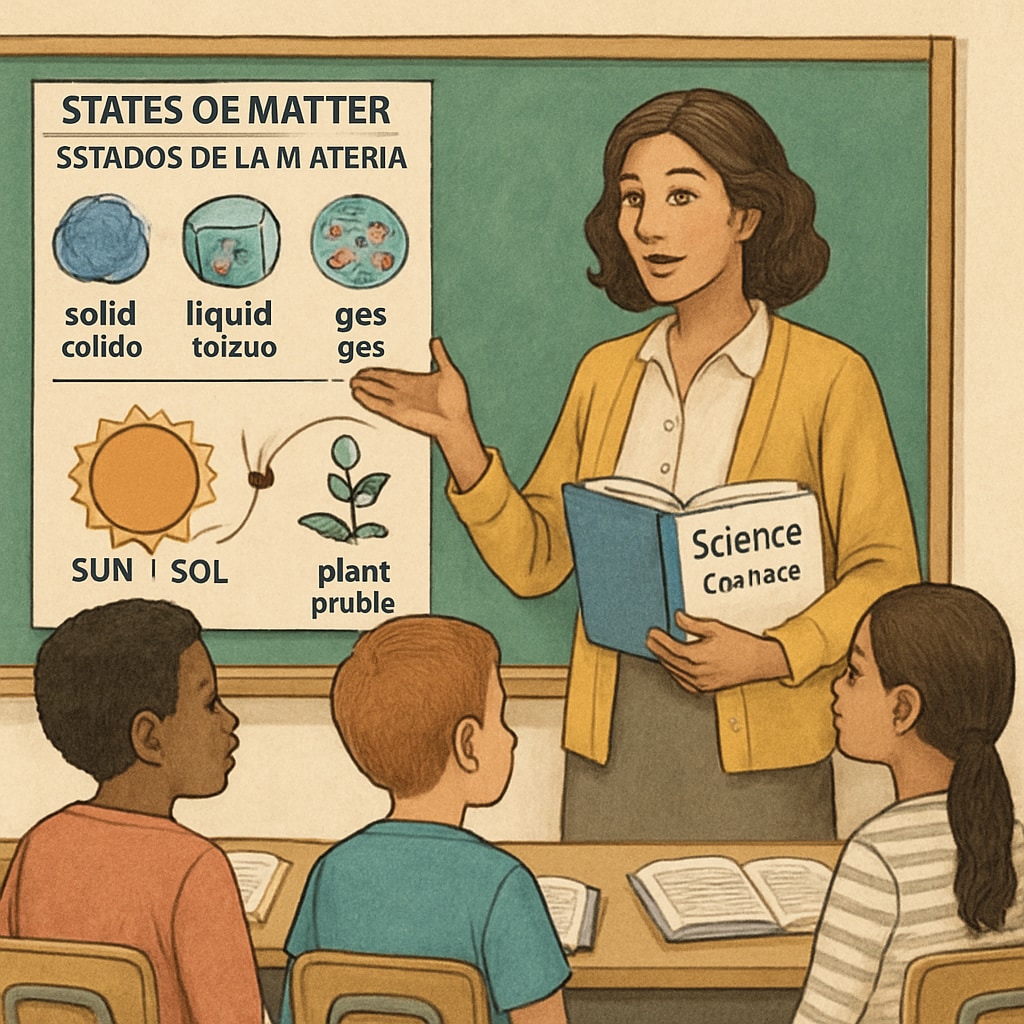 A teacher explaining a scientific concept using bilingual glossaries and visual aids to help English learners in a diverse classroom. Teacher explaining science using bilingual glossary and visual aids to English learners.