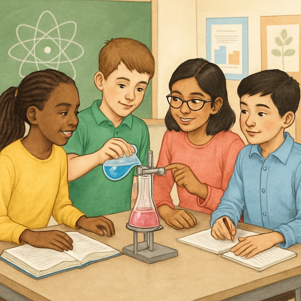 Students collaborating on a science experiment in a diverse classroom setting, showcasing peer learning and inclusion. Students working collaboratively on a science experiment in an inclusive classroom.