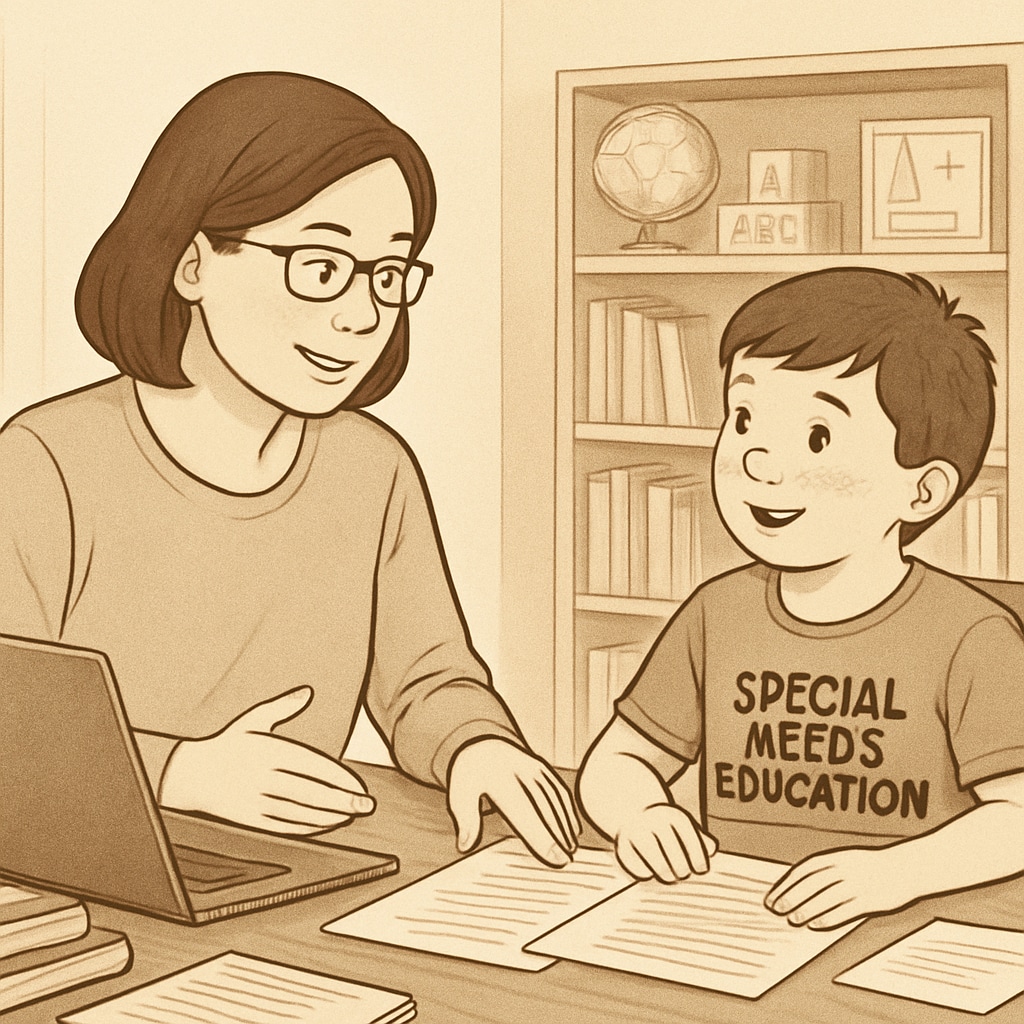 A parent and child discussing education plans, emphasizing special needs advocacy. Parent advocating for special education needs during school application process.