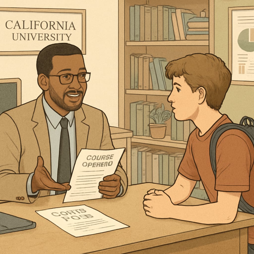 A California University counselor working with a high school student, discussing course options and future career pathways. California University counselor providing academic planning advice to K-12 student.