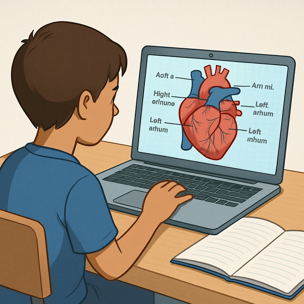 A visually engaging image of a young student exploring medical concepts on a laptop, with a digital diagram of the human heart displayed on the screen. Student learning cardiology online with a heart diagram on a laptop screen.