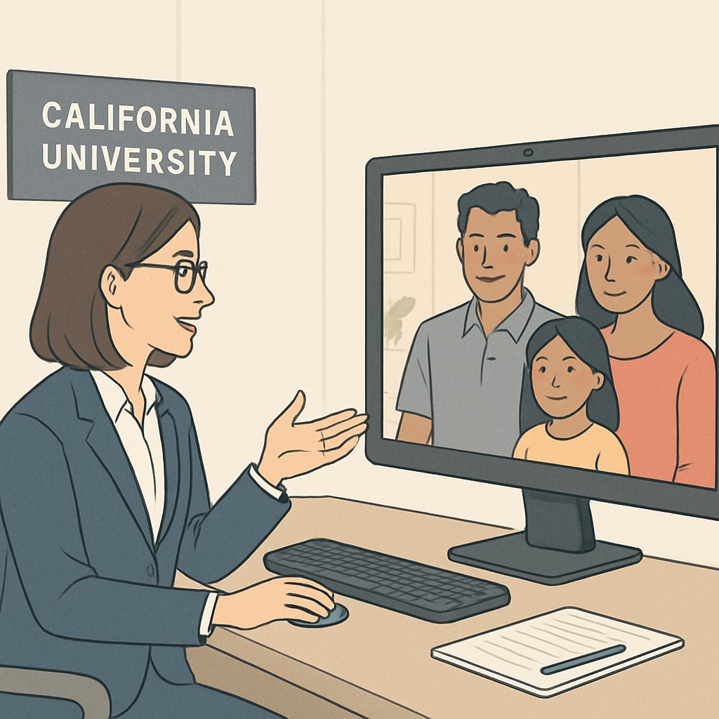 A virtual consultation taking place, showing a California University advisor speaking to a family via a video call. Virtual consultation with a California University advisor for academic planning.