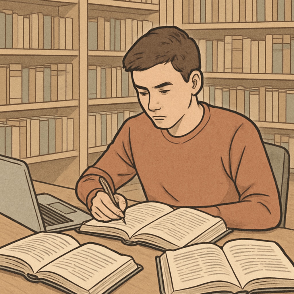 A young adult studying at a library desk with textbooks and a laptop, symbolizing resuming education in the UK. A young adult resuming education in the UK, studying at a library desk.