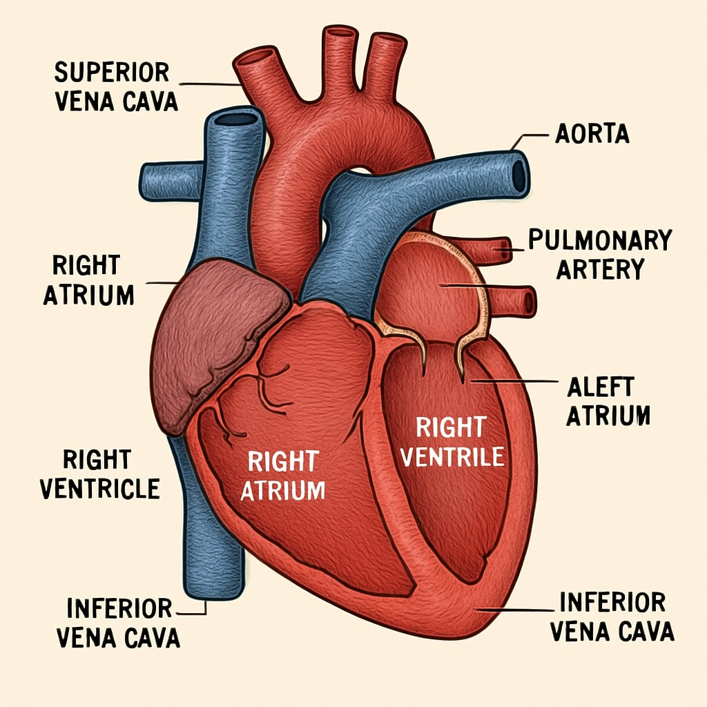 An engaging infographic depicting the anatomy of the heart, highlighting key structures such as the atria, ventricles, and major arteries. Diagram of heart anatomy in an online medical course.