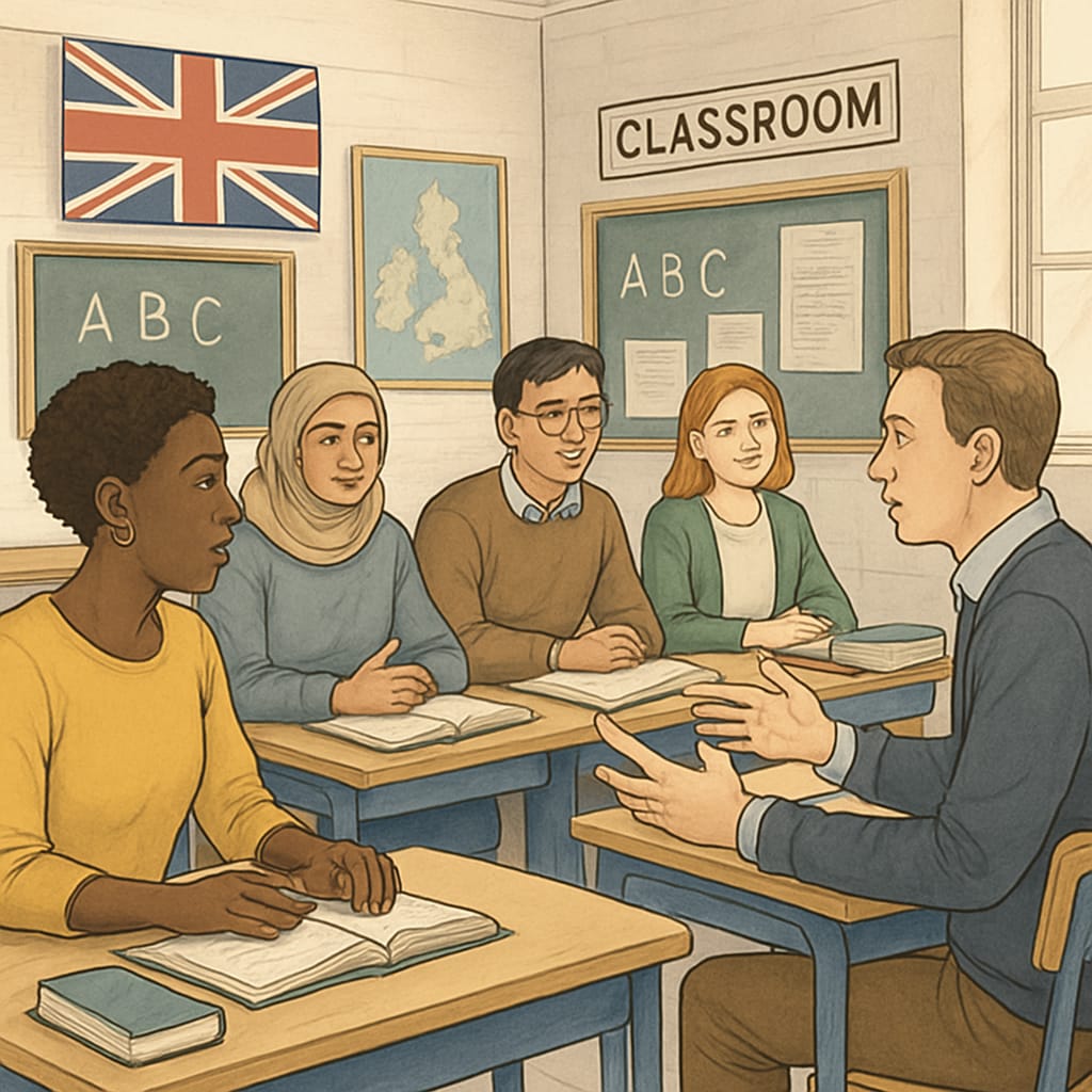 A classroom with adult learners engaged in a discussion, representing re-entry into education in the UK. Adult learners returning to education in the UK, participating in a classroom discussion.