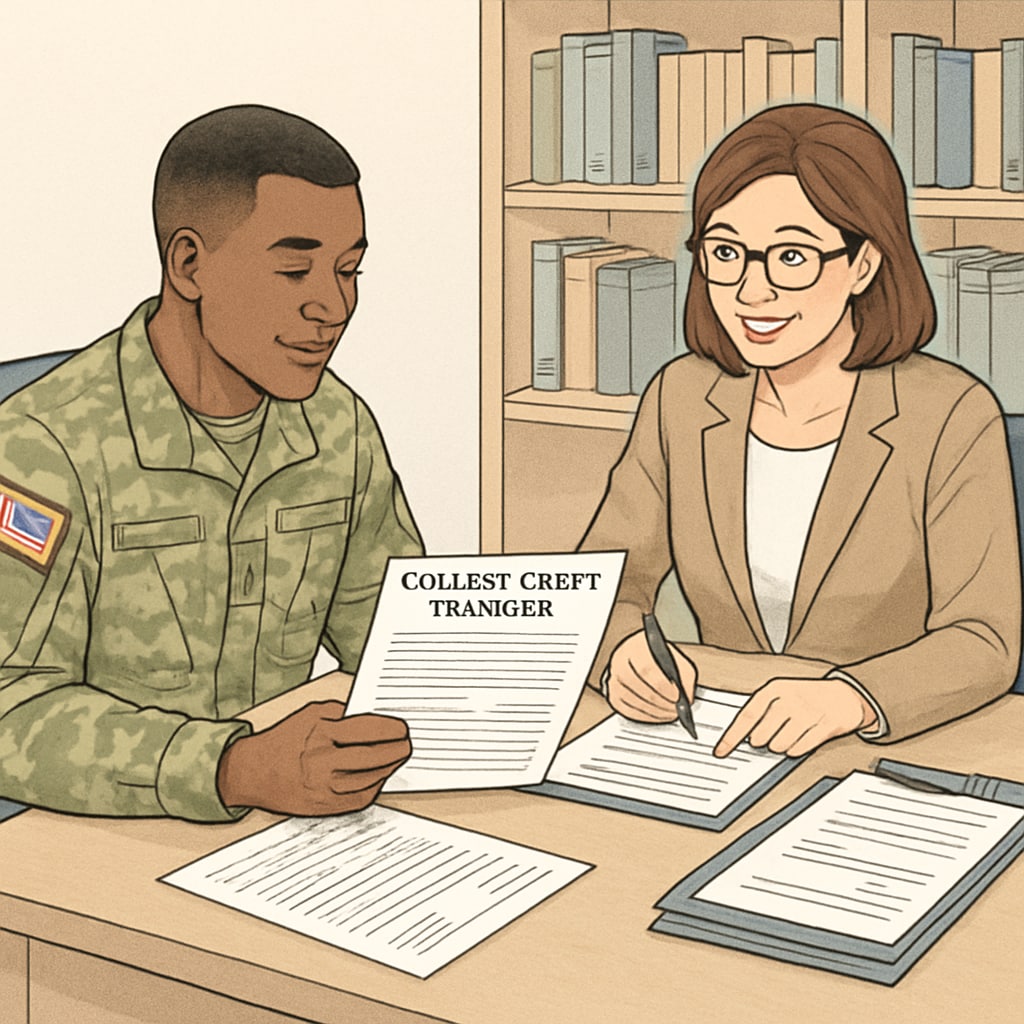 A military service member reviewing college credit transfer documents with an advisor. Military personnel discussing automotive technology credit transfer options.