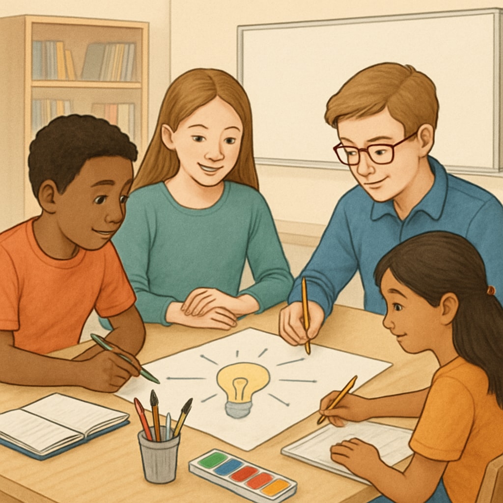 A group of students collaborating on a creative project, symbolizing teamwork and diverse talents. Students working together to overcome challenges and explore alternative academic paths.