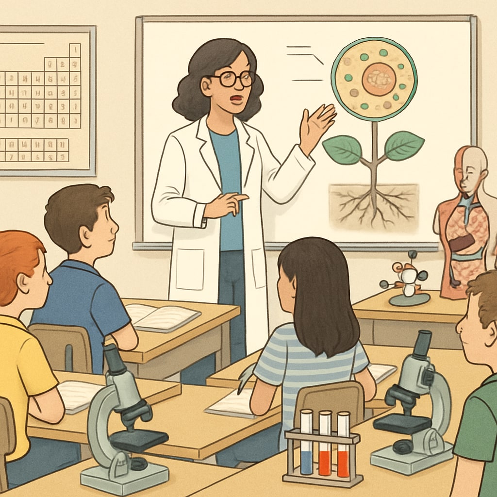 A group of students in a science classroom engaging with a teacher who is explaining a biology concept, highlighting the application of STEM education. Science classroom with teacher explaining biology concept to students.