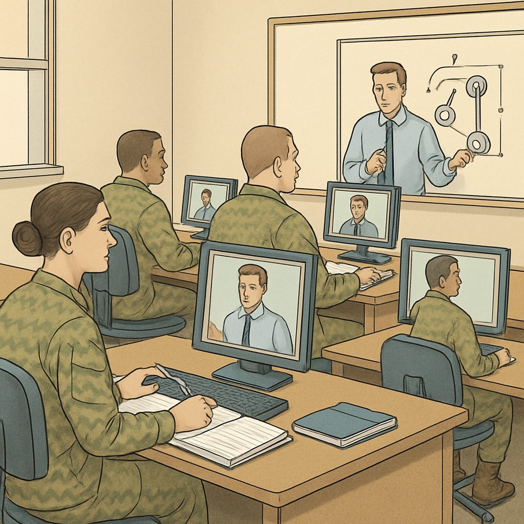A group of military personnel attending an online engineering class. Military students participating in an online engineering program.