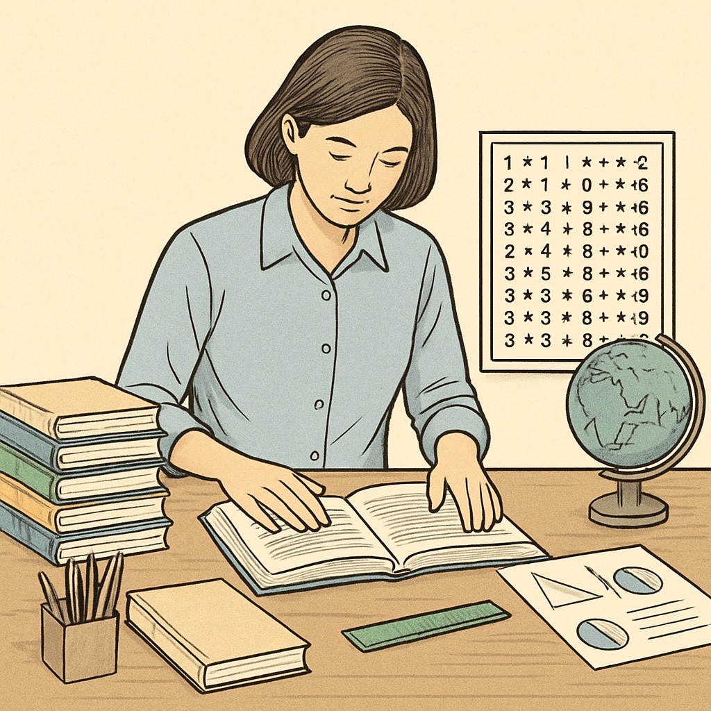 A teacher preparing for a lesson with educational materials and textbooks, representing the preparation required for career transition. Teacher preparing lesson with books and teaching materials.