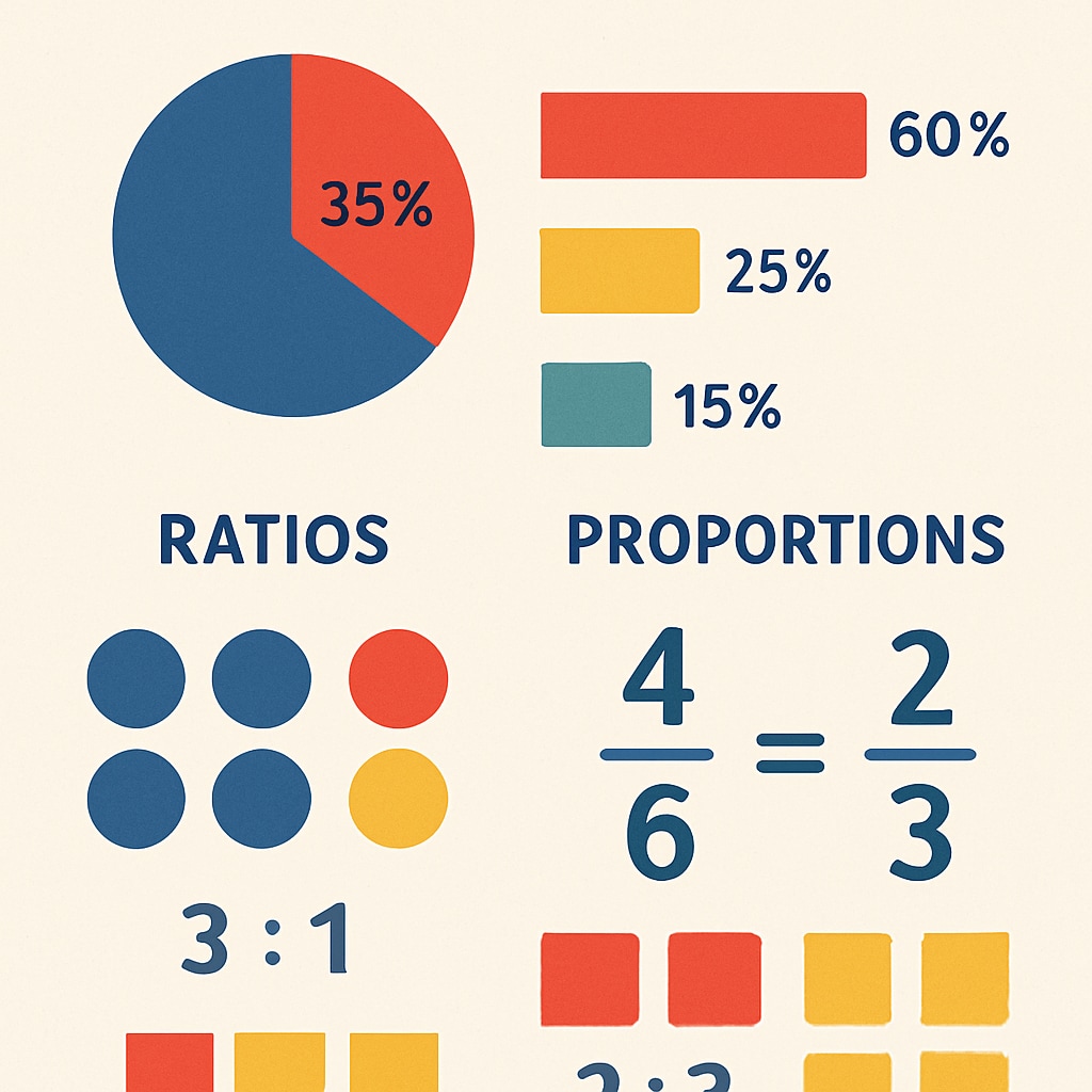 A visually engaging infographic highlighting percentages, ratios, and proportions in a professional design. Infographic explaining percentages, ratios, and proportions for mathematical skills tests.