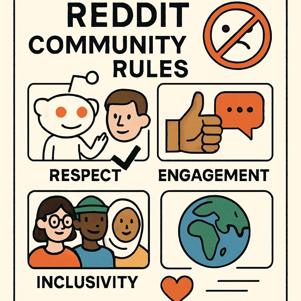 A visual representation of Reddit’s community rules, showing key principles such as respect and engagement. Graphic illustrating Reddit community rules for education subreddits.