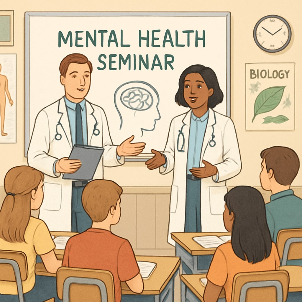 Medical students presenting a mental health seminar to high school students in a classroom setting. Medical students giving a mental health seminar to high school students.