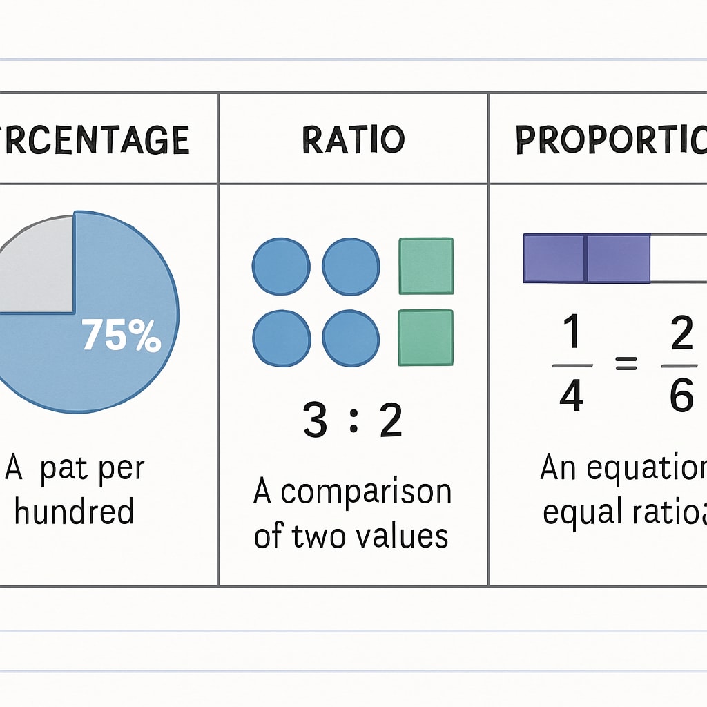 A clean and professional chart illustrating the differences between percentages, ratios, and proportions. Chart showcasing key differences between percentages, ratios, and proportions.