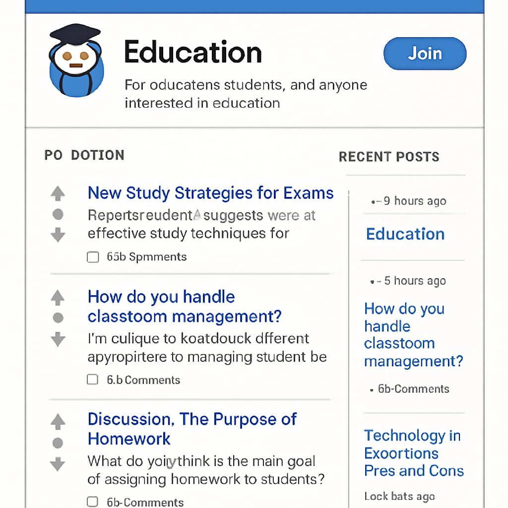 A screenshot of a popular education subreddit homepage, showcasing recent posts and discussions. Image of a Reddit education subreddit homepage with various thread titles.