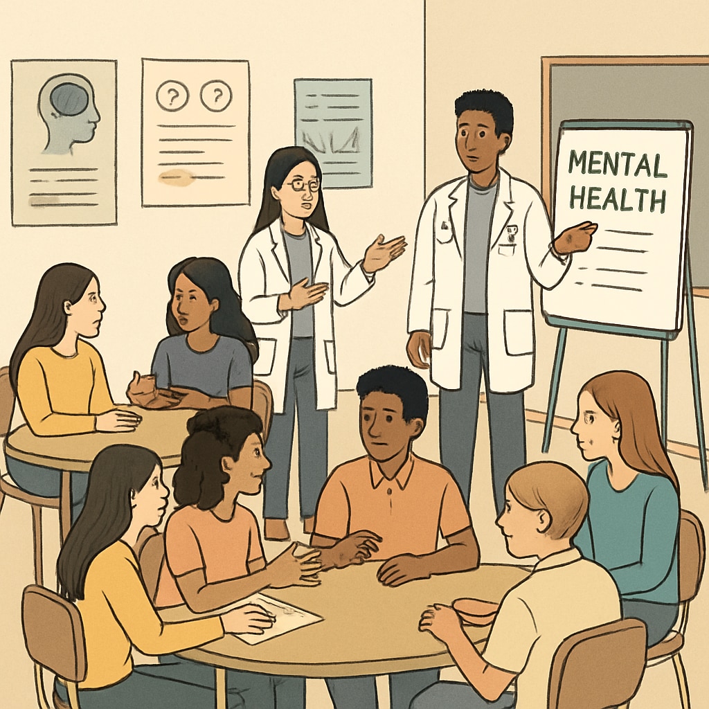 High school students participating in a mental health workshop led by medical students, engaging in group discussions and interactive activities. High school students engaging in a mental health workshop with medical students.
