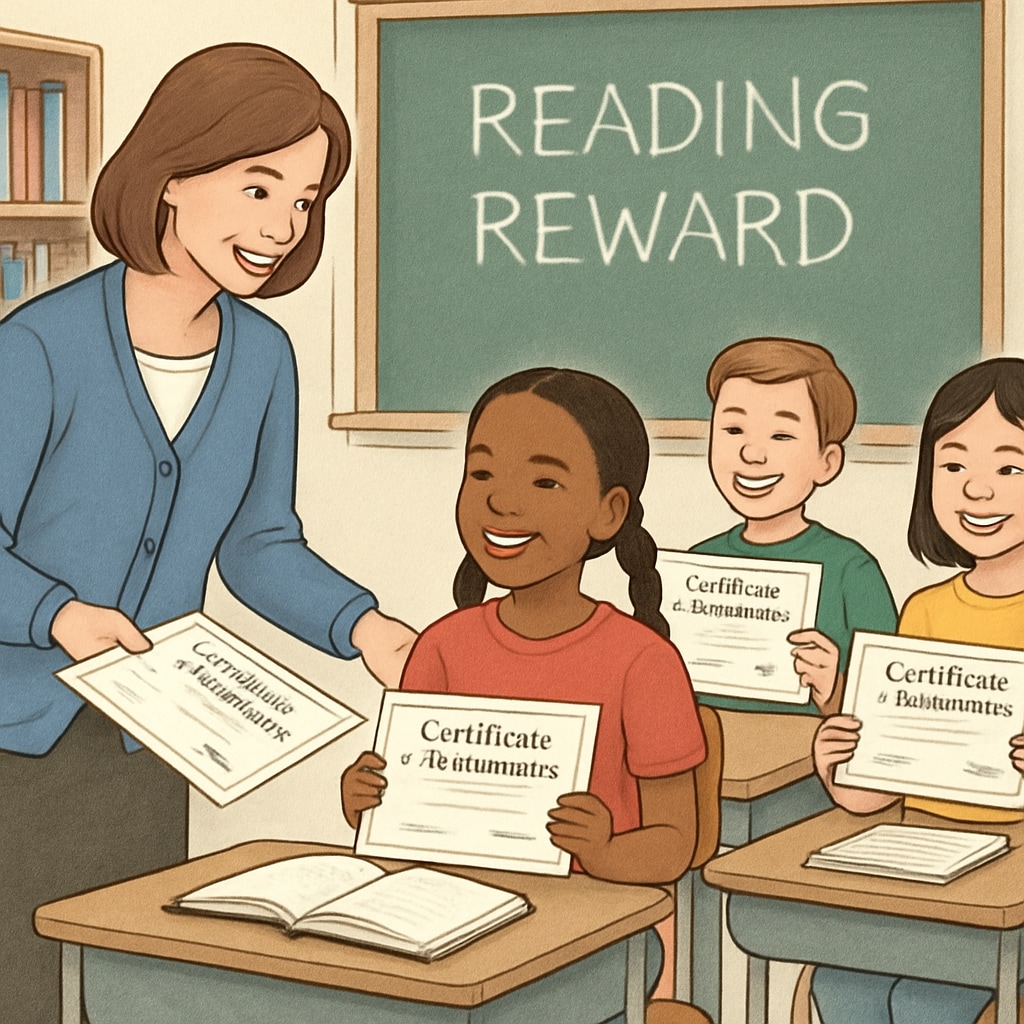 A teacher handing out certificates to students as part of a classroom reading reward system. Teacher rewarding students for reading achievements in a classroom setting.