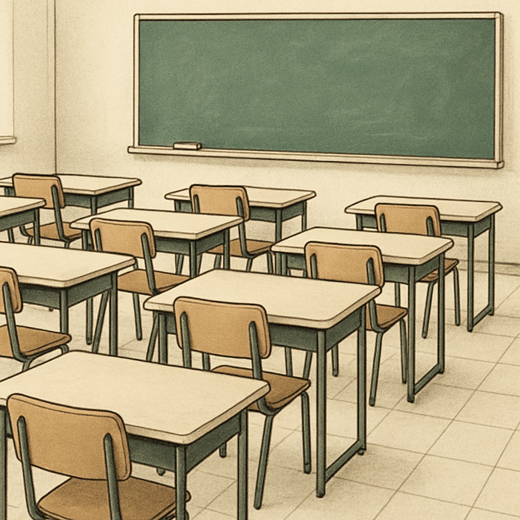 Empty classroom desks during 