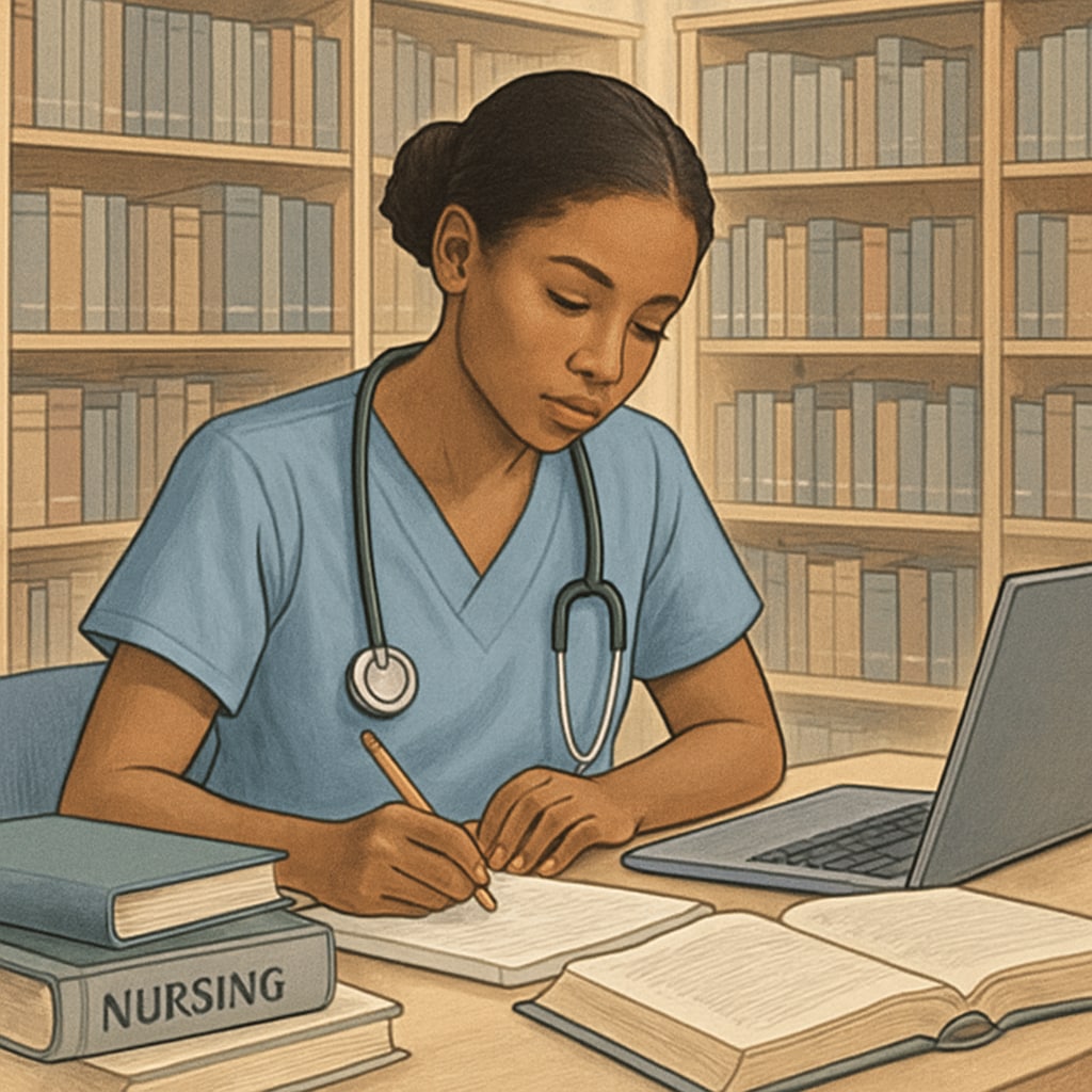 A nursing student studying in a university library, symbolizing academic focus and dedication required for nursing transfers. Nursing transfer student studying in a library to improve GPA and succeed academically.