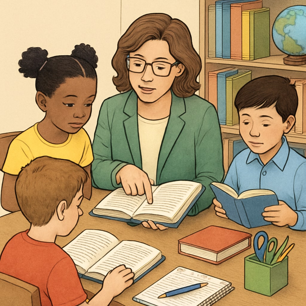 A teacher reviewing reading materials with students, symbolizing the role of educators in evaluating text complexity. Teacher reviewing reading materials with students, symbolizing text complexity assessment.