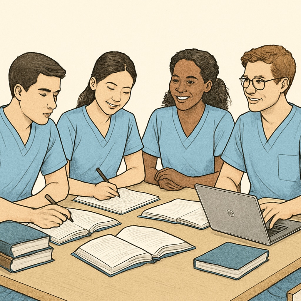 Nursing students collaborating in a study group, emphasizing teamwork, academic focus, and social engagement. Nursing transfer students working together in a study group to balance academics and social life.