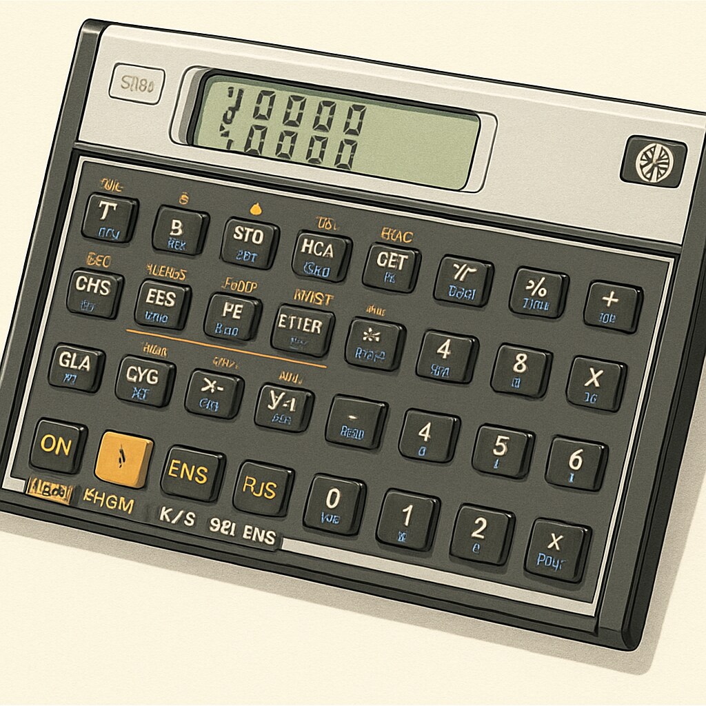 A close-up of an HP 11c calculator displaying a mathematical stack-based operation, highlighting its unique keypad layout. HP 11c calculator with stack-based operation shown on display.