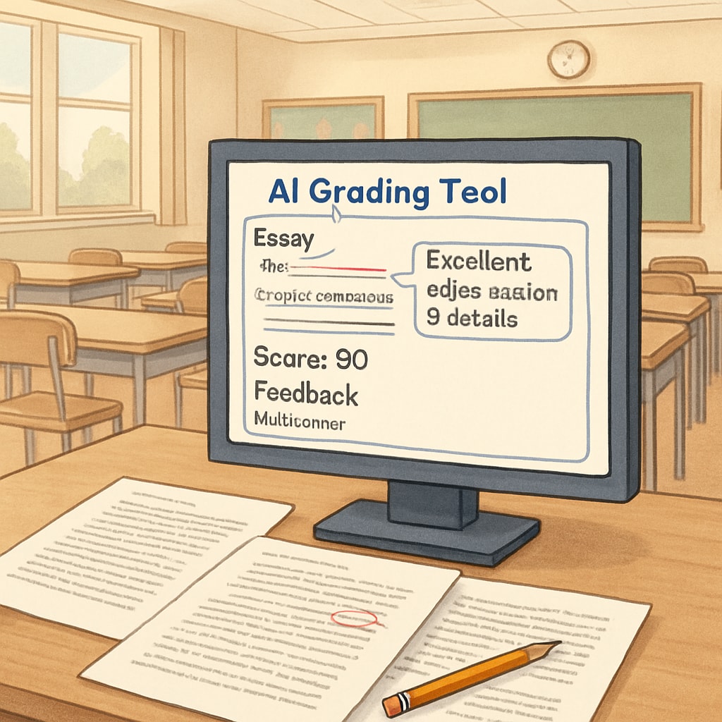 An AI-powered grading tool analyzing student essays in a K12 classroom. AI-powered grading tool automating K12 classroom administrative tasks.