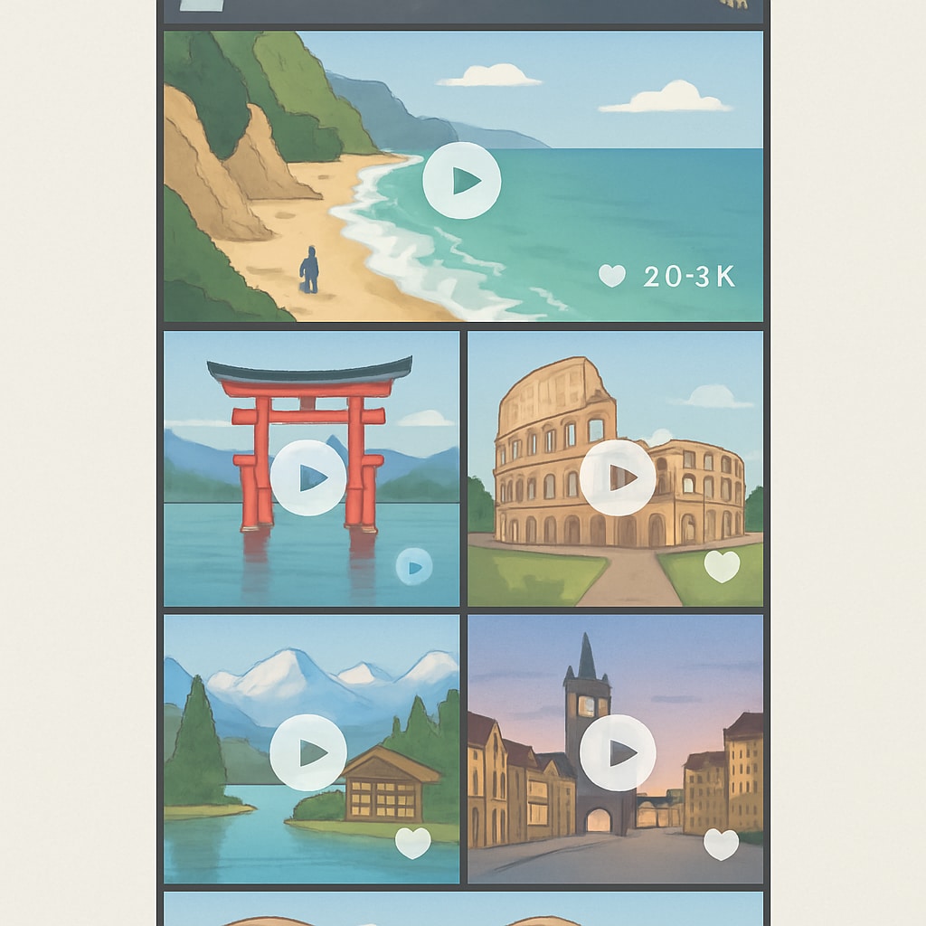 A vibrant, engaging screenshot of a popular short video platform displaying travel-related content, such as scenic destinations and cultural highlights. Short video platform showcasing travel content, influencing tourism decisions.