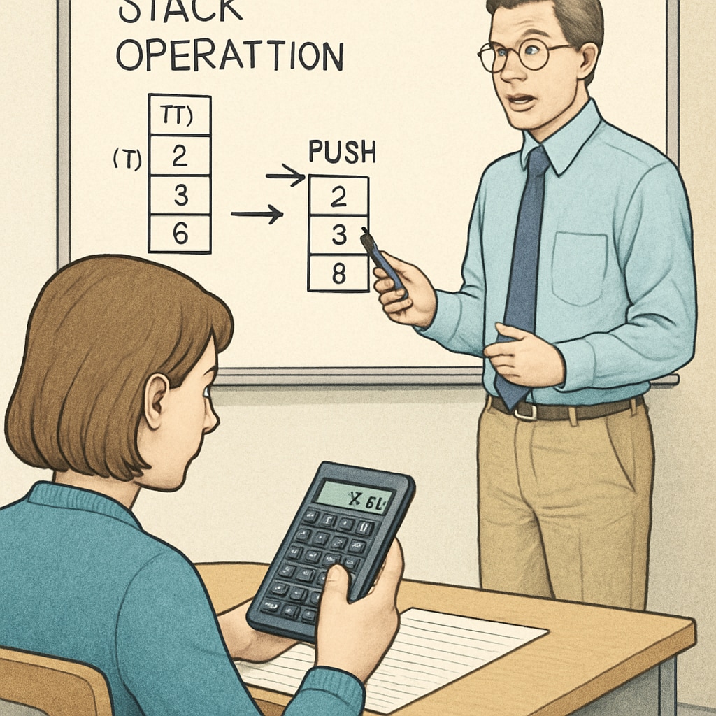 A student using an RPN calculator in a classroom setting, with a stack operation being explained on a whiteboard. Student learning stack operations with an RPN calculator in class.
