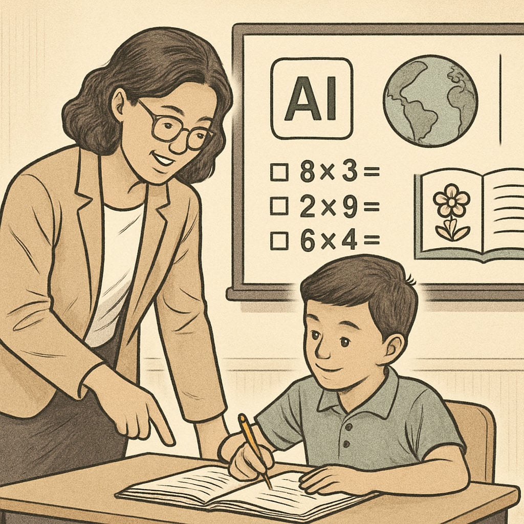 A teacher and a student collaborating, with an AI-powered interactive board in the background. Teacher and student collaboration with AI-powered educational tools.