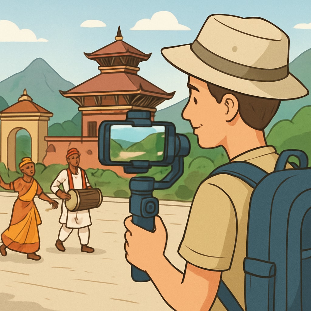 A traveler filming a short video at a picturesque tourist destination, focusing on local culture and scenery to inspire viewers. Traveler creating short video content at a scenic tourist destination.