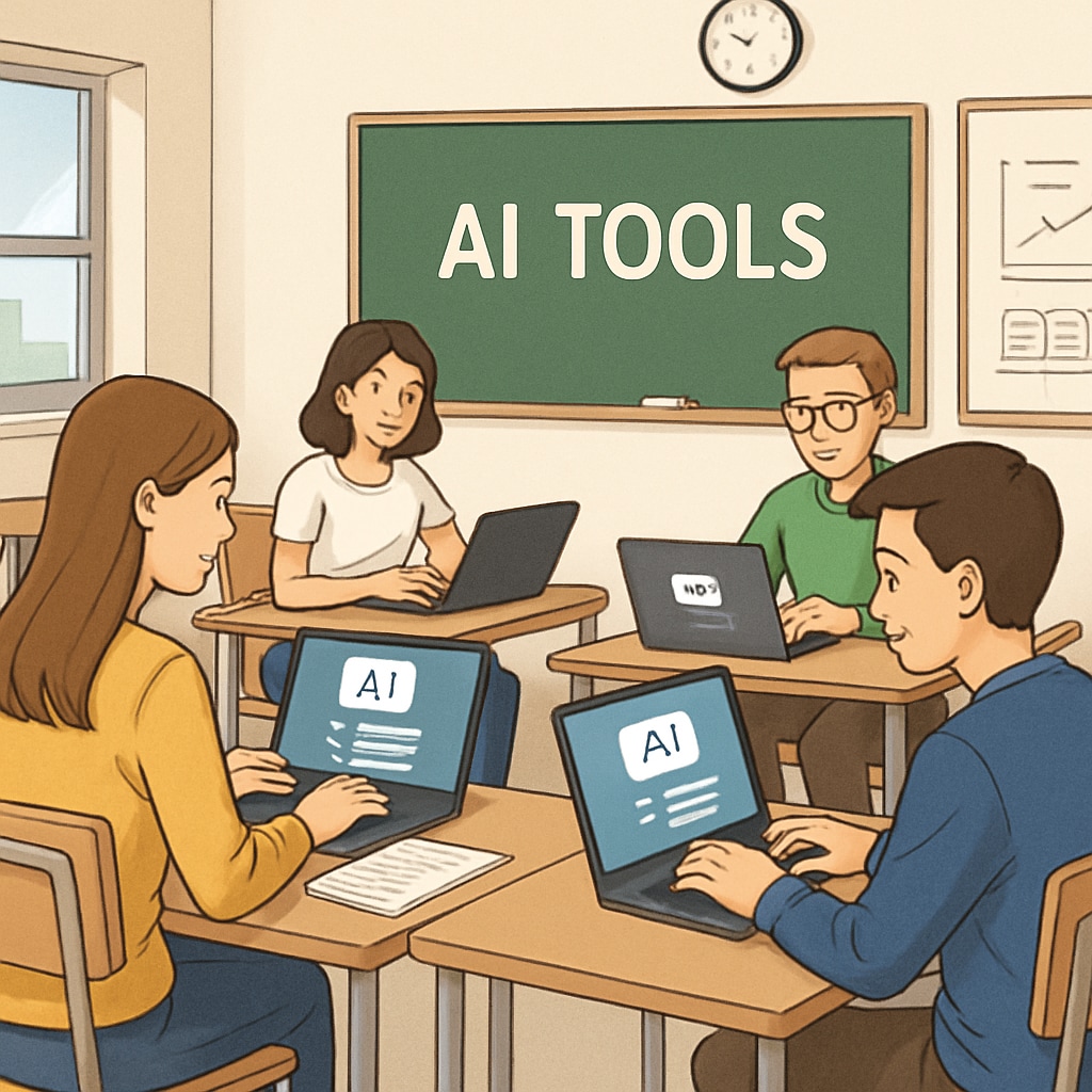 An illustration showing students using laptops with AI tools for academic support. Students working on laptops with AI learning tools for academic assistance.