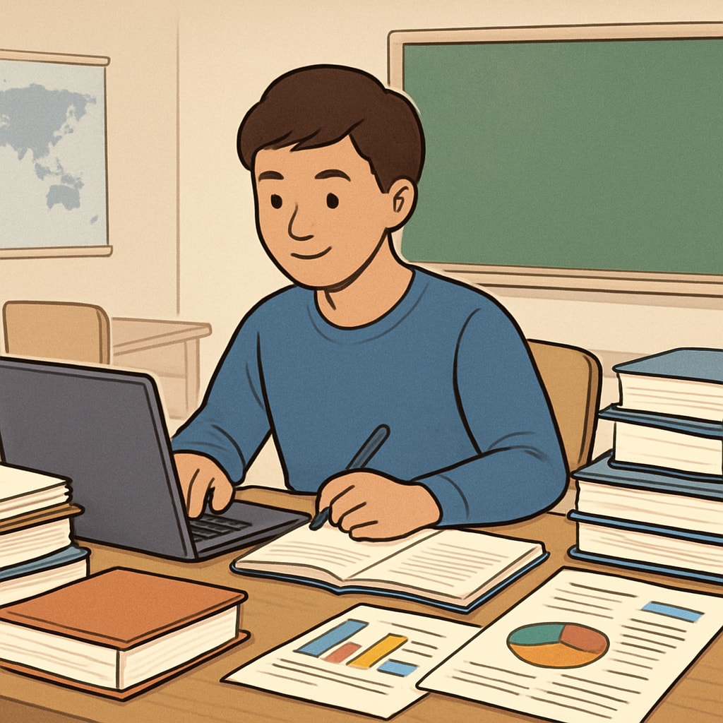 A student studying on a laptop, surrounded by books, symbolizing online education and its accessibility. Online education options for AS-level students on a budget
