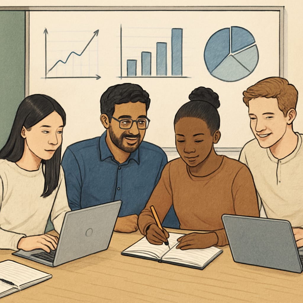 A diverse group of international students collaborating on a data science project in a university setting. International students studying data science in a university.