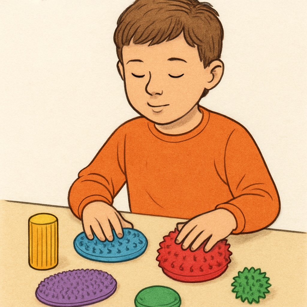 A child with autism spectrum disorder engaging in a sensory activity, such as playing with colorful tactile objects. Child with autism engaging in a sensory activity in a special education setting.
