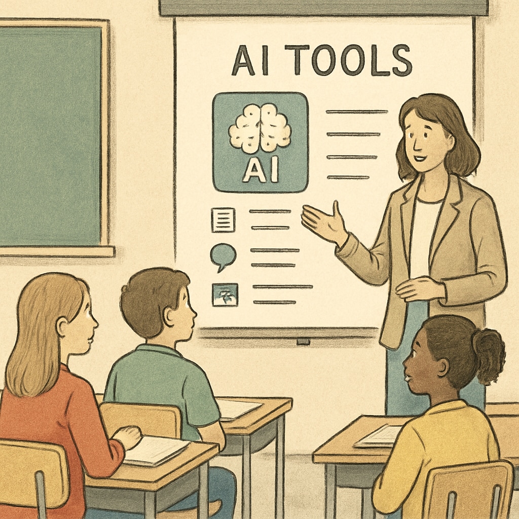 A teacher assisting students in a classroom while AI tools are displayed on a projector screen. Classroom scene with a teacher and students using AI tools for learning.