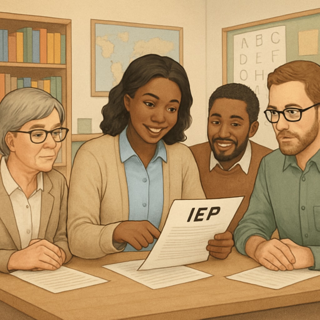 A teacher assistant reviewing an Individualized Education Program (IEP) with a special education team. Teacher assistant collaborating with a team on an IEP for a child with autism.