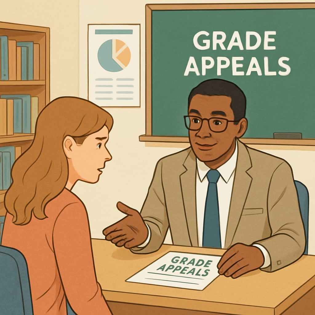 A school administrator discussing grade appeals with a concerned student, highlighting the need for transparency in K12 education. School administrator addressing grade disputes with a student, symbolizing systemic barriers in education.