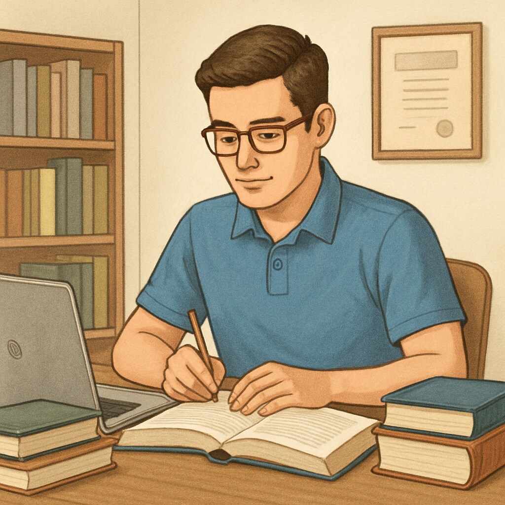 A young adult studying with books and a laptop, symbolizing determination to return to education. A young adult studying with books and a laptop, representing the journey of returning to education after interruption.