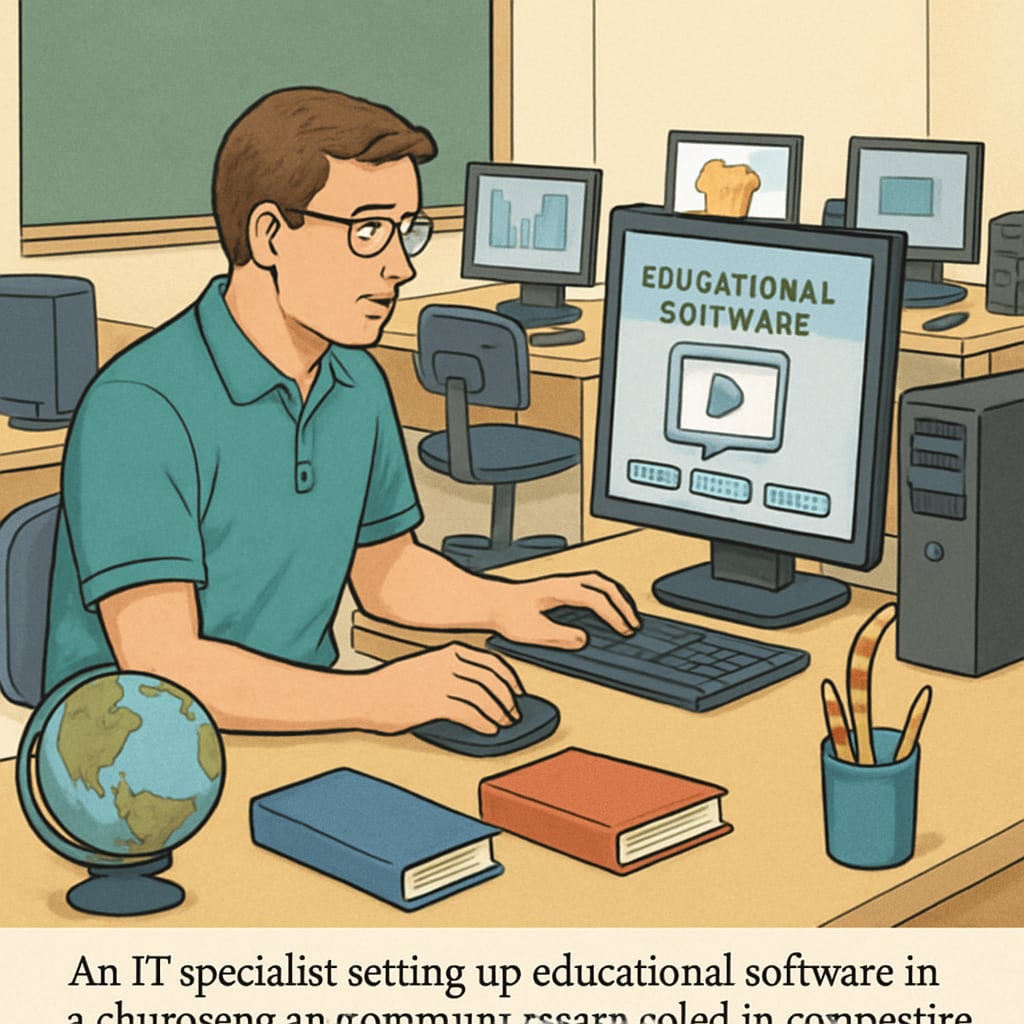 An IT specialist setting up educational software in a classroom, highlighting the role of non-teaching careers in education. An IT professional installing classroom technology in a school.