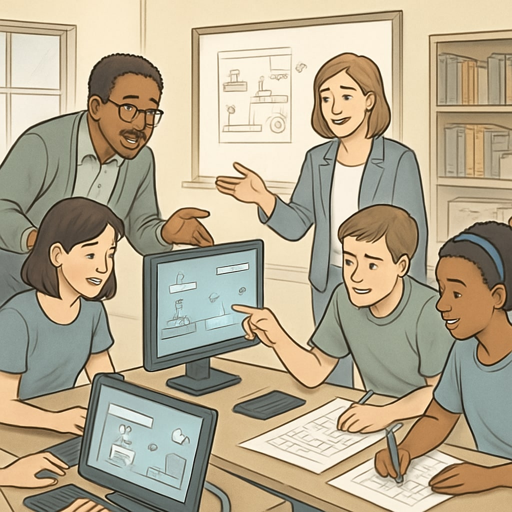 Students working on game design projects in a classroom, with instructors guiding them through creative problem-solving tasks. Students learning game design as part of a gamified educational program.