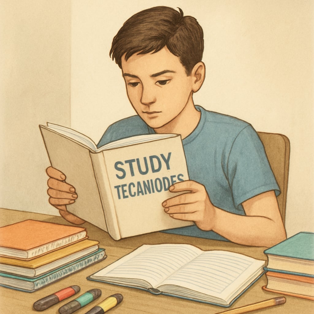 A teenager reading a book about study techniques, sitting at a desk with notebooks and highlighters. The image emphasizes focus and learning. Teenager studying effective learning strategies and memory retention techniques.