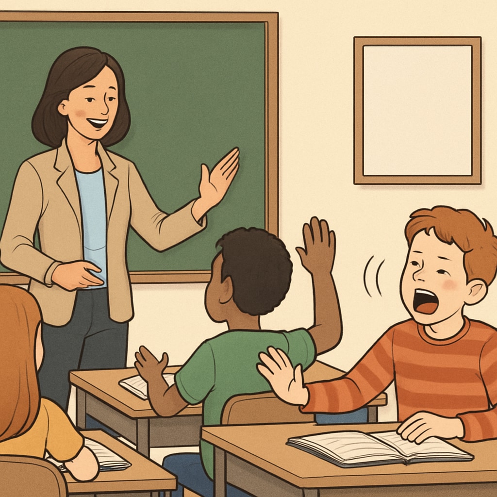 A classroom scene with a teacher engaging motivated students while one disruptive student is causing a disturbance. This image highlights the need for behavior correction measures. Classroom with disruptive student affecting willing learners