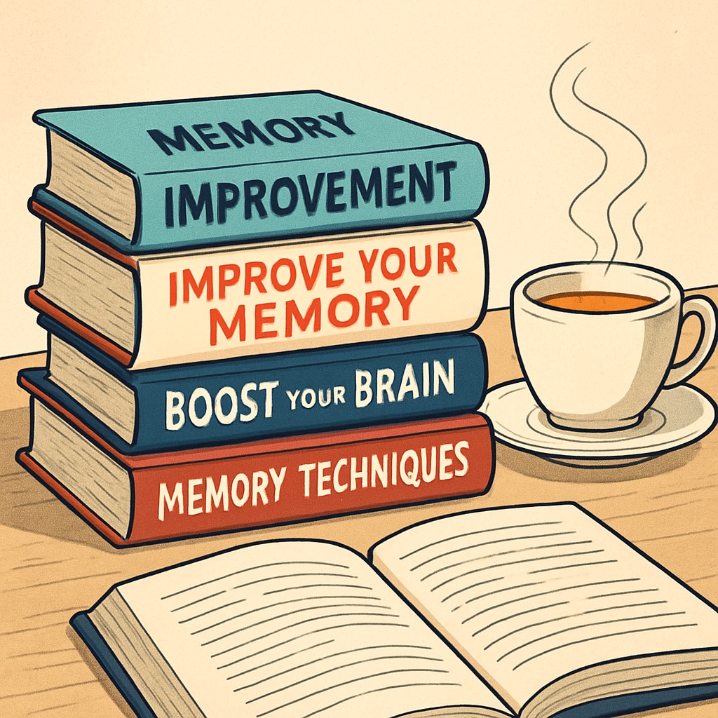 A stack of books about memory improvement placed on a study desk with a cup of tea nearby. The image highlights resources for studying. Books focused on memory retention techniques for teens.