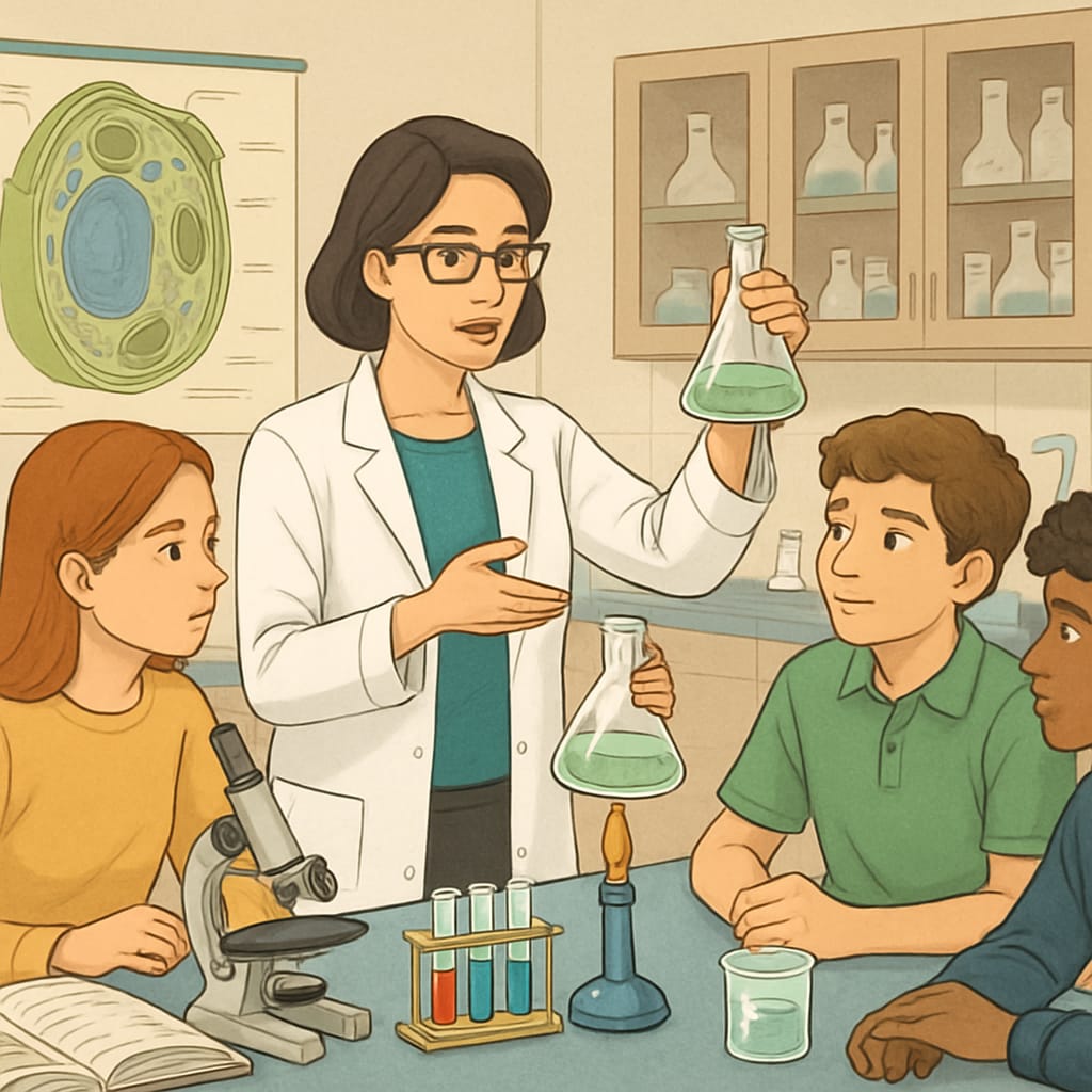 A biology graduate teaching high school students in a science lab, demonstrating a hands-on experiment. Biology graduate teaching science experiment in a classroom, education career.